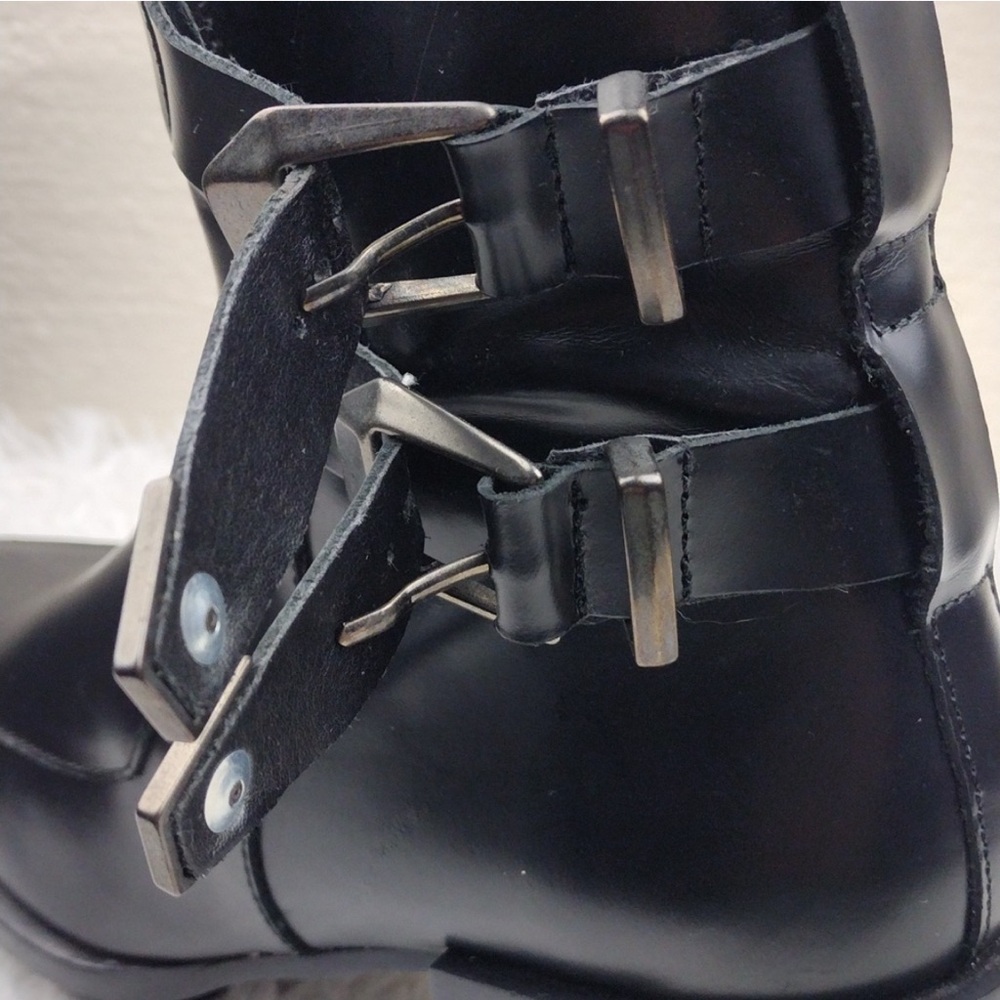Zara Trafaluc Black Leather Two Buckle Pointed-Toe Blocked Heel Moto Ankle Boot - Picture 8 of 13